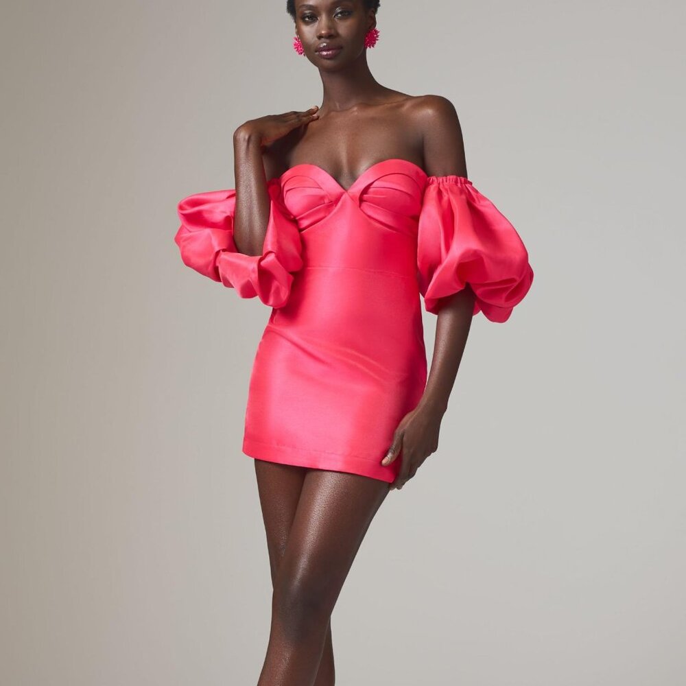 Anthropologie‎ Audette NWT Sz M Hot Pink Mini Dress Puff Sleeve Off Shoulder